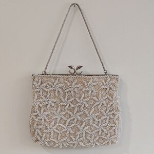 Vintage Beaded Handbag Evening Bag White Cream And Silver